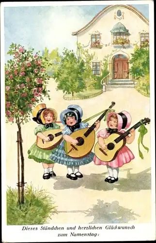 Ak Glückwunsch Namenstag, Drei Mädchen mit Gitarre und Lauten