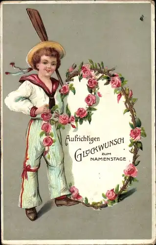 Präge Ak Glückwunsch Namenstag, Junge in Uniform, Rosen