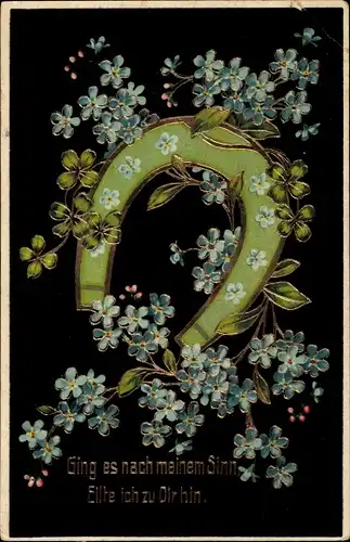 Präge Glitzer Ak Hufeisen, Glücksklee, Vergissmeinnicht, Kitsch