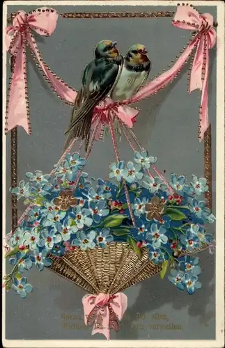 Präge Glitzer Ak Schwalben, Schleifen, Vergissmeinnicht