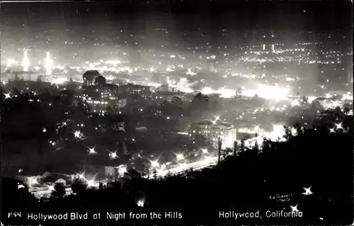 Ak Hollywood Los Angeles Kalifornien USA, Hollywood Boulevard bei Nacht von den Hügeln