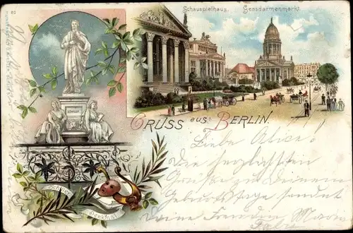 Litho Berlin Mitte, Schauspielhaus, Gendarmenmarkt, Schiller Denkmal