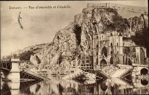 Ak Dinant Wallonien Namur, Vue d'ensemble et Citadelle, Kriegszerstörungen, I. WK