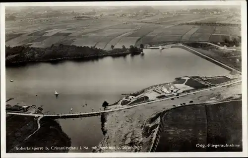 Ak Crimmitschau in Sachsen, Kobertalsperre, Seehaus, Strandbad, Fliegeraufnahme