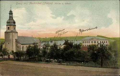 Ak Neukirchen an der Pleiße, Kirche, Schule