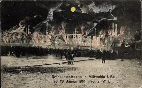 Ak Mittweida in Sachsen, Brandkatastrophe am 18. Januar 1914