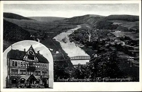 Ak Bodenwerder in Niedersachsen, Hotel zur Traube, Bes. Johs. le Plat, Panorama vom Ort