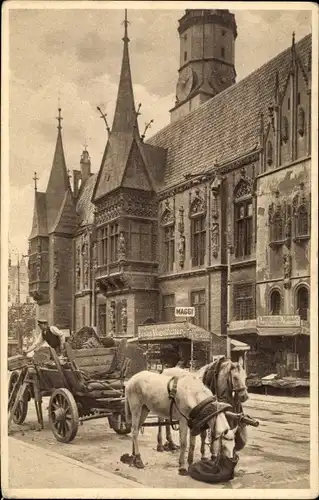 Ak Wrocław Breslau in Schlesien, Rathaus, Pferdewagen, Marktstand