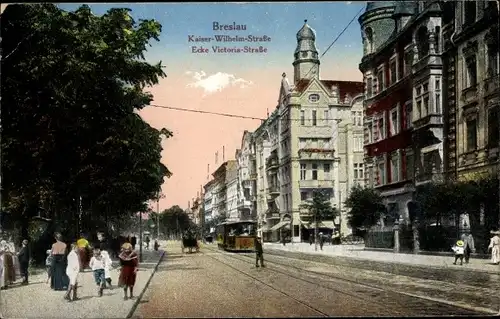 Ak Wrocław Breslau in Schlesien, Kaiser Wilhelm Straße, Victoria Straße, Straßenbahn