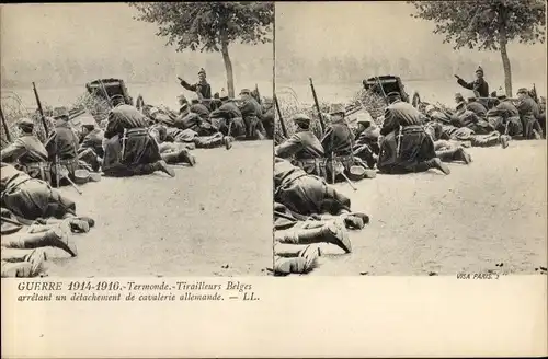 Stereo Ak Dendermonde Termonde Ostflandern, Tirailleurs Belges arretant cavalerie allemade, I WK