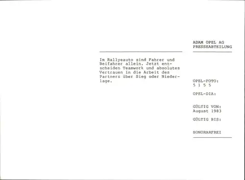 Foto Die Fahrer des Deutschen Opel Team, Rallyeauto, Lenkrad