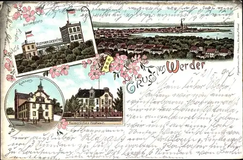 Litho Werder Havel, Bismarckshöhe, Rathaus, Stadtpanorama, Kaiserliches Postamt