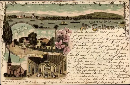Litho Geltow an der Havel, Thomanns Gasthof, Festsaal, Kapelle, Panorama