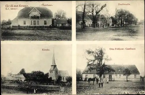 Ak Kraatz Gransee in Brandenburg, Gasthaus Otto Fehlow, Pfarrhaus, Dorfstraße, Kirche