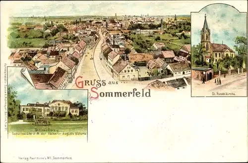 Litho Sommerfeld Kremmen im Havelland, Schloss Dalzig, St. Nikolaikirche, Panorama