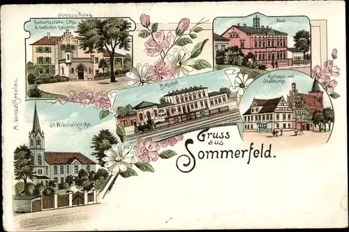 Litho Sommerfeld Kremmen in Brandenburg, Schloss Dolzig, Post, Bahnhof, Rathaus, Stadtkirche