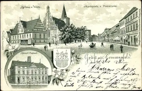 Litho Sommerfeld Kremmen in Brandenburg, Marktplatz, Poststraße, Post, Rathaus, Stadtkirche