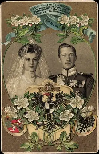 Präge Wappen Ak Kronprinz Wilhelm von Preußen, Kronprinzessin Cecilie von Preußen, Hochzeit