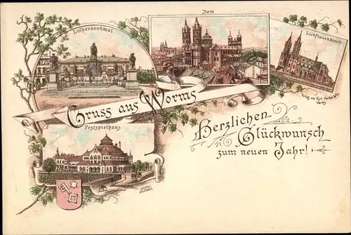 Vorläufer Litho Worms am Rhein, Lutherdenkmal, Festspielhaus, Dom, Liebfrauenkirche, Neujahr