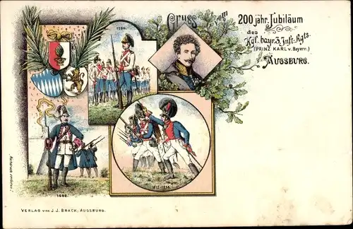 Litho Augsburg in Schwaben, Kgl. bayr. 3. Inft. Regt. Prinz Karl von Bayern, 200jähriges Jubiläum