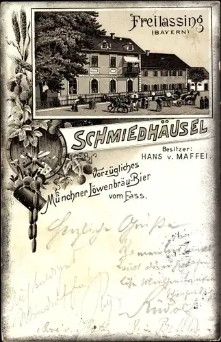 Litho Freilassing in Oberbayern, Gasthaus Schmiedhäusel