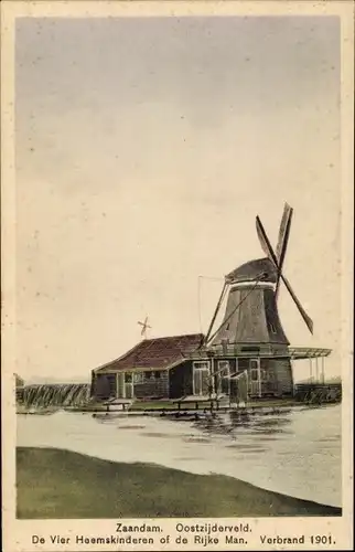 Ak Zaandam Zaanstad Nordholland, Oostzijderveld, De Vier Heemskinderen of de Rijke Man, Windmühle