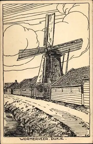 Künstler Ak Wormerveer Nordholland Niederlande, Dijkje, Windmühle