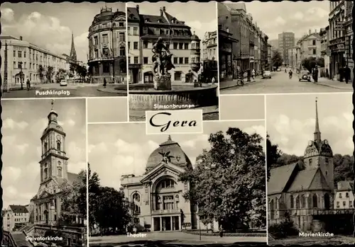 Ak Gera in Thüringen, Puschkinplatz, Simsonbrunnen am Markt, Salvatorkirche, Theater, Marienkirche