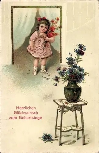 Ak Glückwunsch Geburtstag, Mädchen, Blumen, Blumenvase