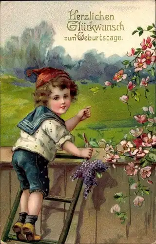 Ak Glückwunsch Geburtstag, Kind, Blumen, Blühender Baum