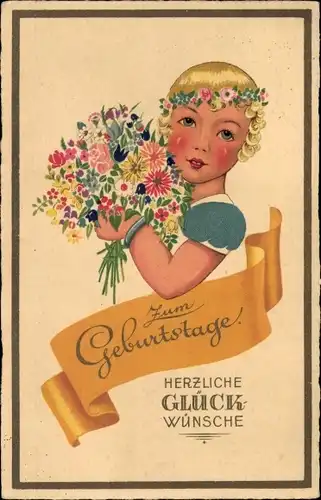 Ak Glückwunsch Geburtstag, Mädchen, Blumenstrauß