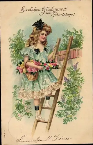 Präge Ak Glückwunsch Geburtstag, Mädchen mit Blumen auf einer Leiter