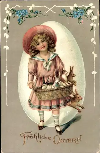 Ak Glückwunsch Ostern, Mädchen mit einem Korb voller Osterhasen, Großes Osterei