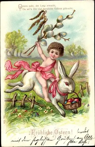 Litho Glückwunsch Ostern, Kind auf einem Osterhasen, Weidenkätzchen, Ostereier