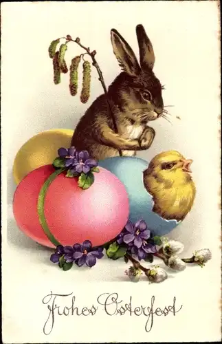 Ak Glückwunsch Ostern, Küken schlüpft aus, Osterhase, Ostereier, Weidenkätzchen, Veilchen