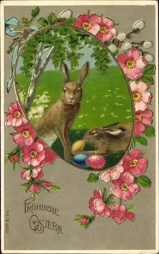 Glitzer Ak Glückwunsch Ostern, Osterhasen, Ostereier, Blumen