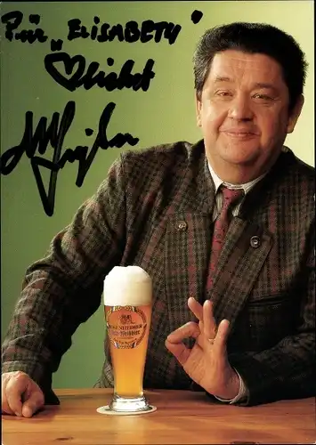 Ak Schauspieler Max Grießer, Portrait, Bierglas, Lederstadel, Autogramm