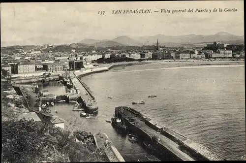 Ak Donostia San Sebastián Baskenland, Gesamtansicht des Hafens und La Concha