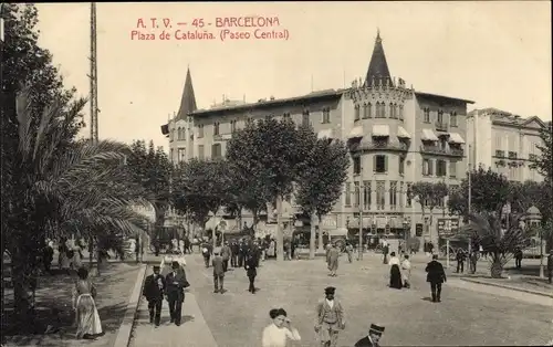 Ak Barcelona Katalonien Spanien, Plaza de Catalunya, Paseo Central