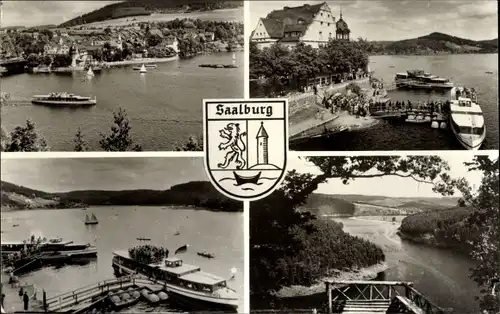 Ak Saalburg in Thüringen, Stausee, Schiffe, Schiffsanleger, Aussichtsplattform, Wappen