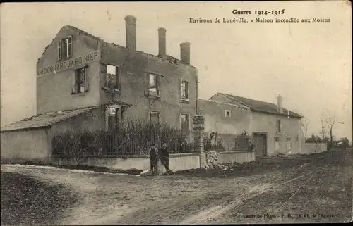 Ak Lunéville Meurthe et Moselle, Haus in Mossus niedergebrannt