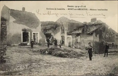 Ak Mont sur Meurthe Meurthe et Moselle, Zerbombte Häuser, 1. WK