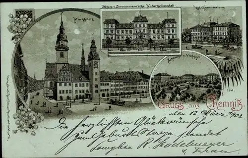 Mondschein Litho Chemnitz in Sachsen, Zimmermannsche Naturheilanstalt Stiftung, Gymnasium, Markt
