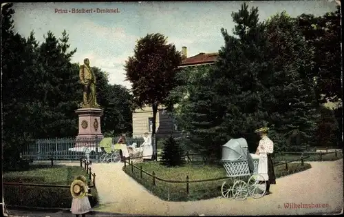 Ak Wilhelmshaven an der Nordsee, Prinz-Adalbert-Denkmal, Frau mit Kinderwagen