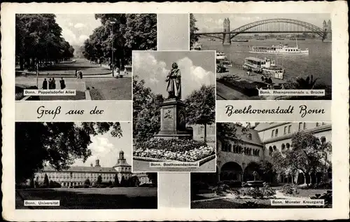 Ak Bonn am Rhein, Beethovendenkmal, Poppelsdorfer Allee, Rheinpromenade, Universität, Münster