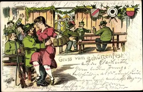 Litho Schützenfest, Festzelt, Schütze mit Kellnerin auf dem Schoß, Bierkrüge