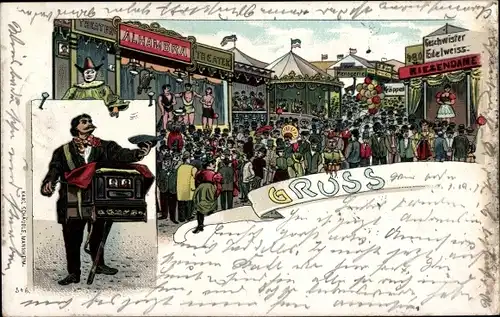 Litho Jahrmarkt, Leierkastenspieler, Besucher, Fest