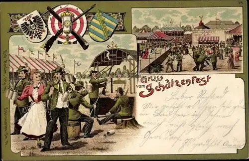 Wappen Litho Schützenfest, Schützen beim Schießen, Besucher, Gewehr, Schießscheibe
