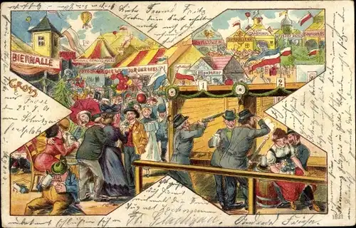 Litho Jahrmarkt, Fest, Männer beim Schießen, Gewehr, Bierhalle, Besucher