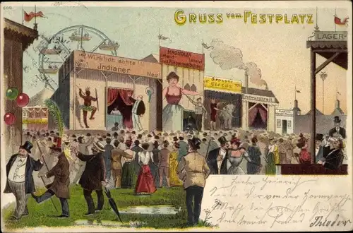 Litho Festplatz, Markt, Besucher, Riesenrad, Riesenmädchen